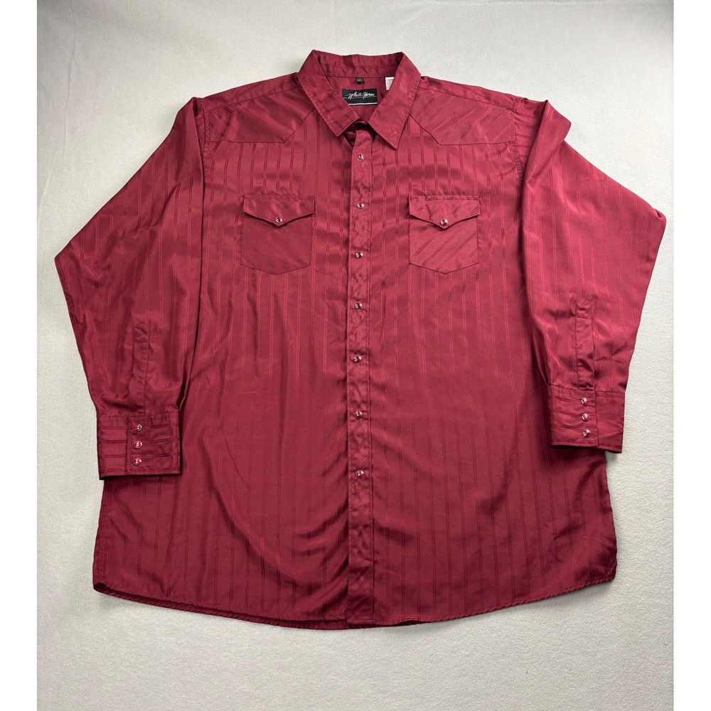 White Horse Mens XXL Pearl Snap Western Shirt Burgundy Stripe Long Sleeve Yoke